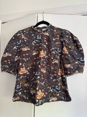 Ulla Johnson Dark Charcoal Floral Puff-Sleeve Blouse with Orange Accents 12